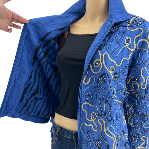 Blutique (M) VINTAGE 90s Pink 100% Silk Embroidered Patch Beach Vacation Jacket - Picture 7 of 8